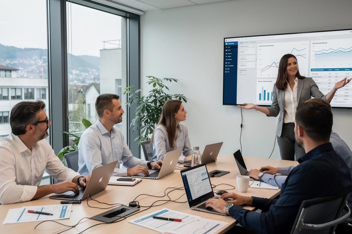 Swiss finance team reviewing digital accounting dashboards in a modern office